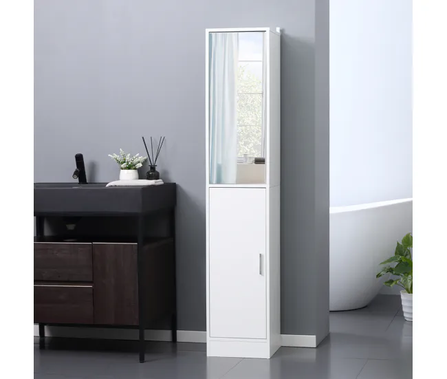 Tocador con Espejo kleankin Armario para Baño Largo Mueble Columna de Baño con Espejo 2 Puertas y Estantes Interiores Ajus...