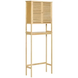 Tocador con Espejo kleankin Mueble de Bambú sobre Inodoro Armario Grande para Lavadora con 2 Puertas 1 Balda Interior y 1...