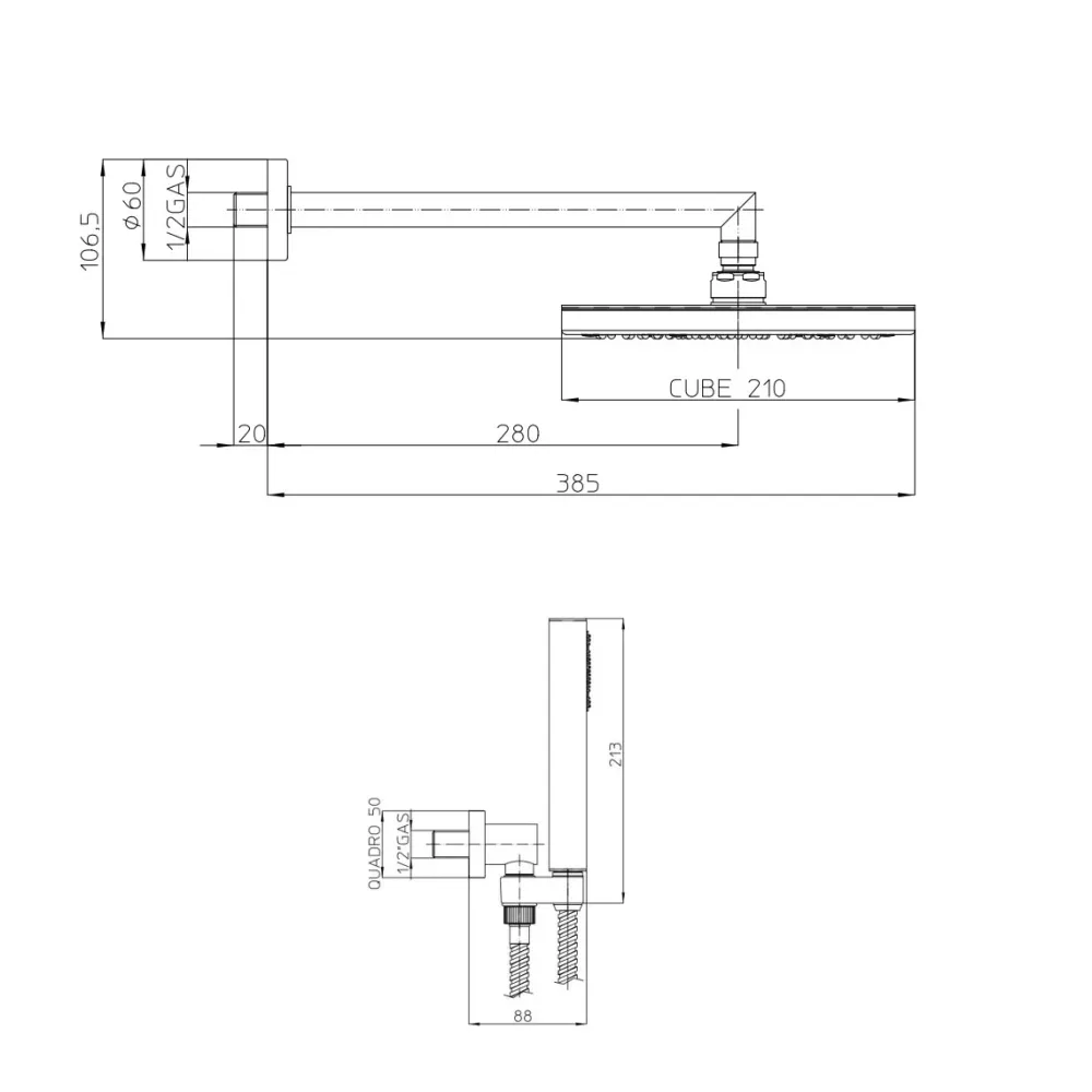 Composizione doccia Bossini con soffione quadrato 21X21, braccio doccia e kit duplex