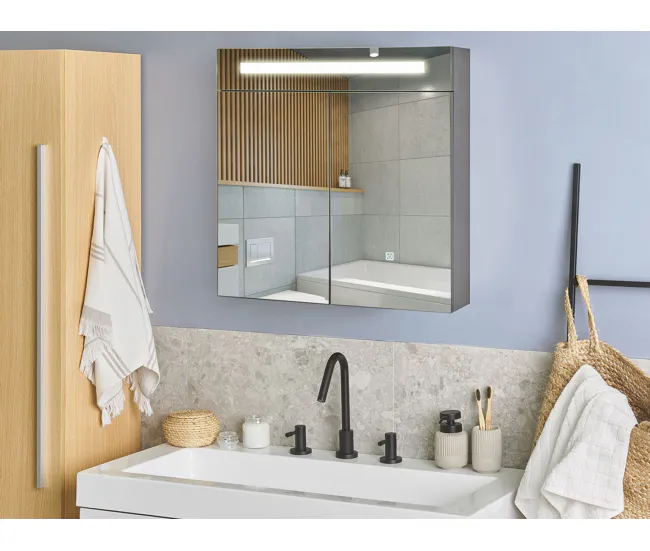 Portarrollos de Toilet Mueble de baño LED negro con espejo 60 x 60 cm JARAMILLO