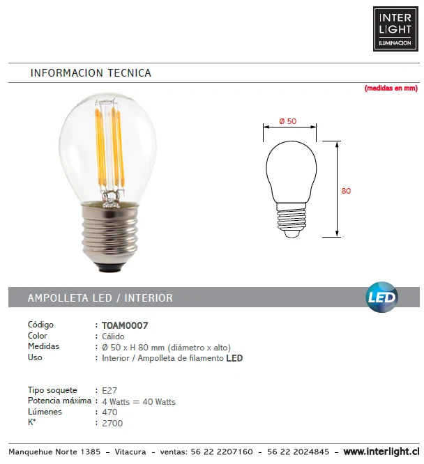 Ampolleta clásico luz cálida LED 4W E27 - TOAM0007