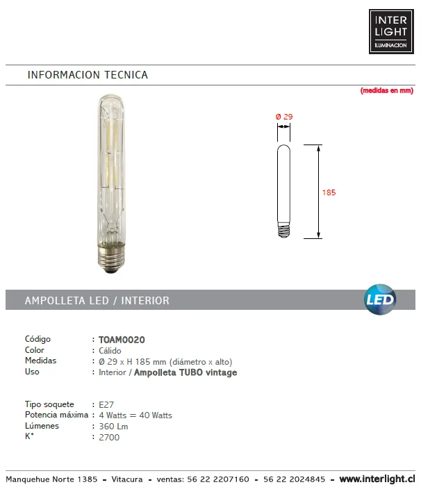 Ampolleta tubo de época luz cálida LED 4W E27 - TOAM0020 Set de 4 Piezas