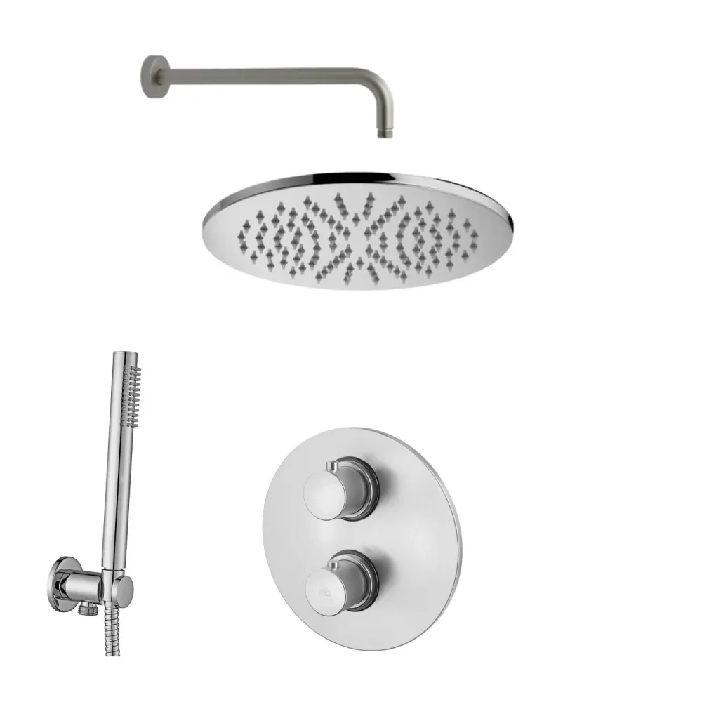 Colgador de Toallas Set soffione doccia con braccio tondo e miscelatore termostatico con set duplex doccia Satinato Paffoni
