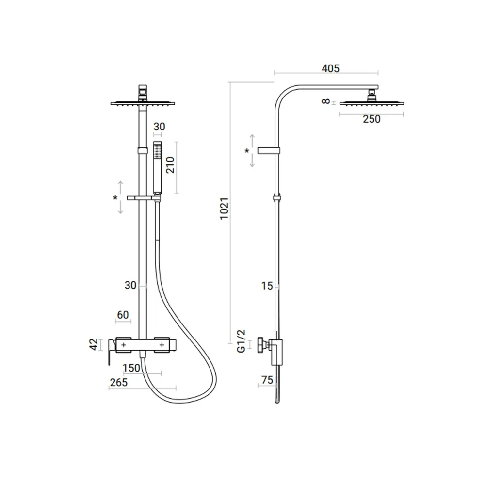 Colonna Doccia Squadrata soffione quadrato 25x25 cm acciaio inox ultra fino e miscelatore integrato