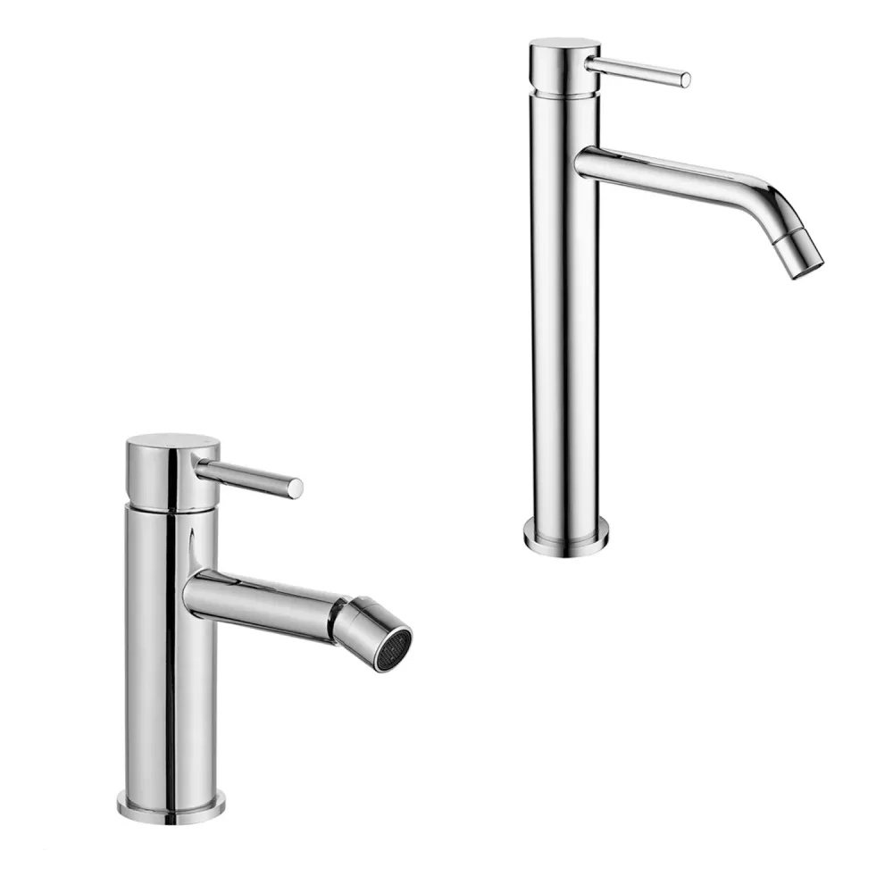 Coppia di miscelatori per lavabo elevado e bidet serie Moon ottone cromato Diseño Compacto