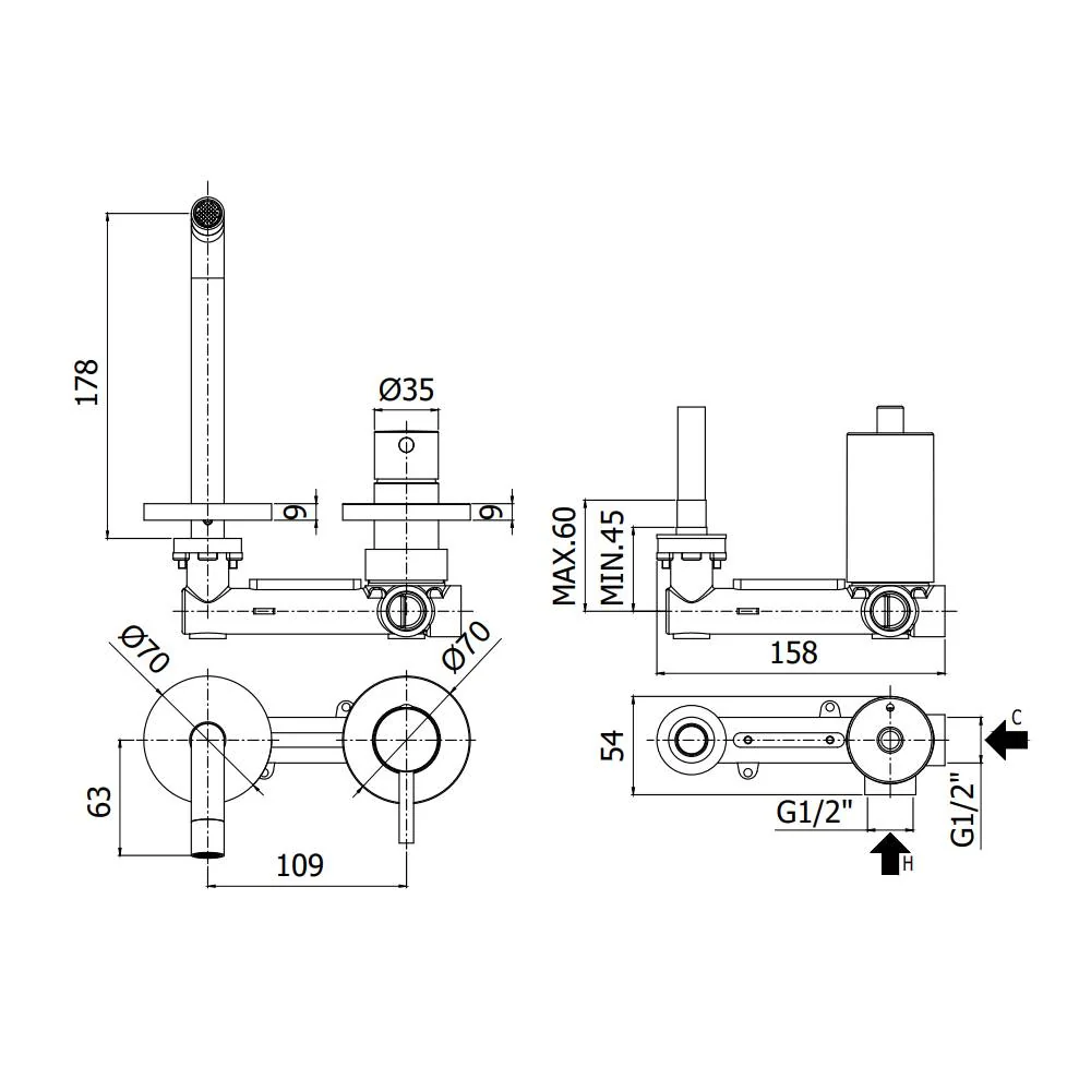 Miscelatore lavabo muro ad incasso serie Birillo modello BI106CR70 cromato Paffoni