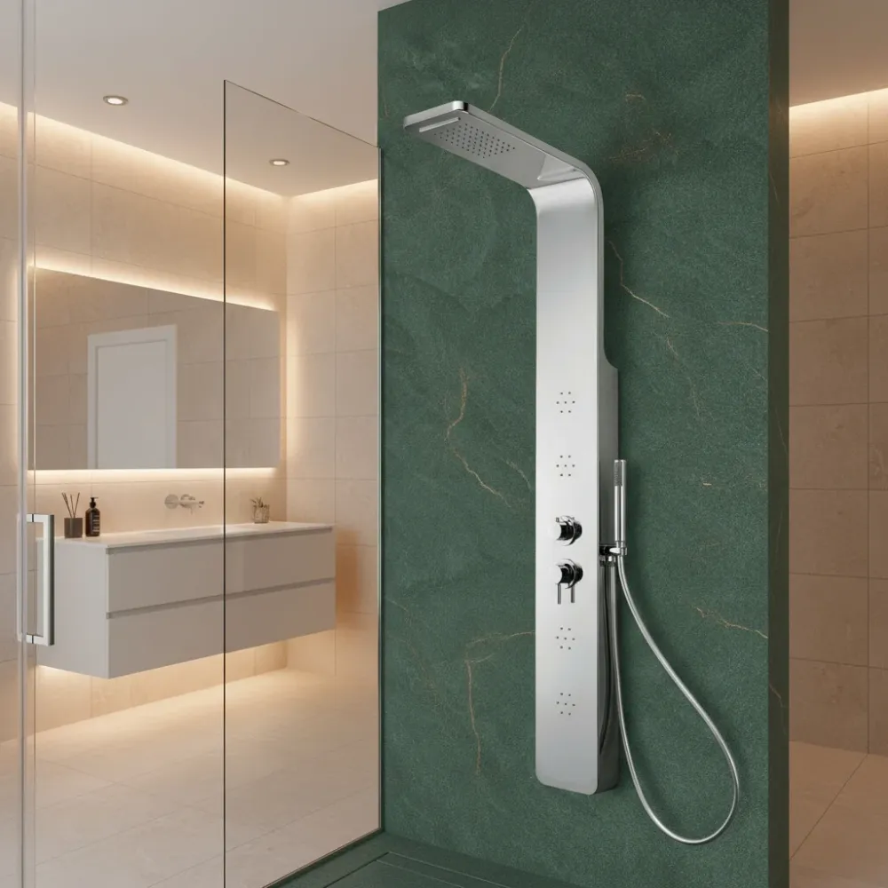 Pannello Doccia acciaio inox lucidato effetto specchio con miscelatore 4 vie soffione, idromassaggio, flessibile e doccett...