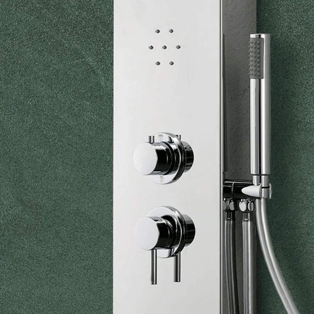 Pannello Doccia acciaio inox lucidato effetto specchio con miscelatore 4 vie soffione, idromassaggio, flessibile e doccett...