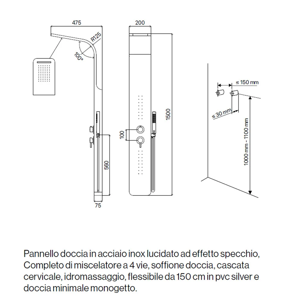 Pannello Doccia acciaio inox lucidato effetto specchio con miscelatore 4 vie soffione, idromassaggio, flessibile e doccett...
