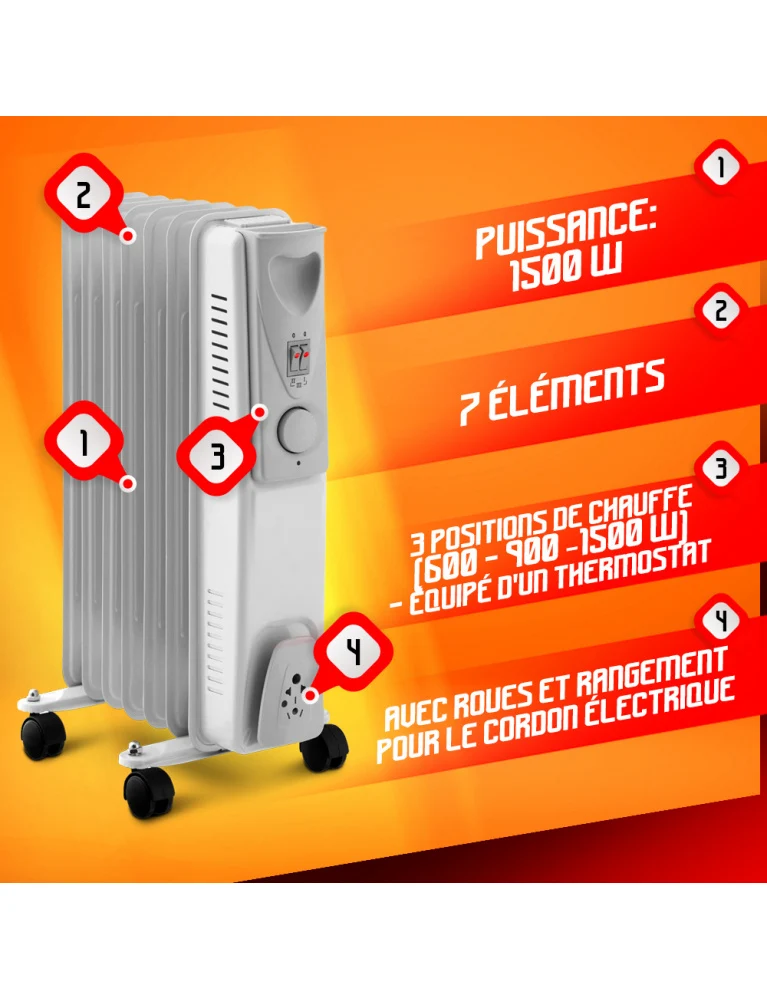 Radiateur à bain d’huile 1500W – 7 éléments, thermostat & roues