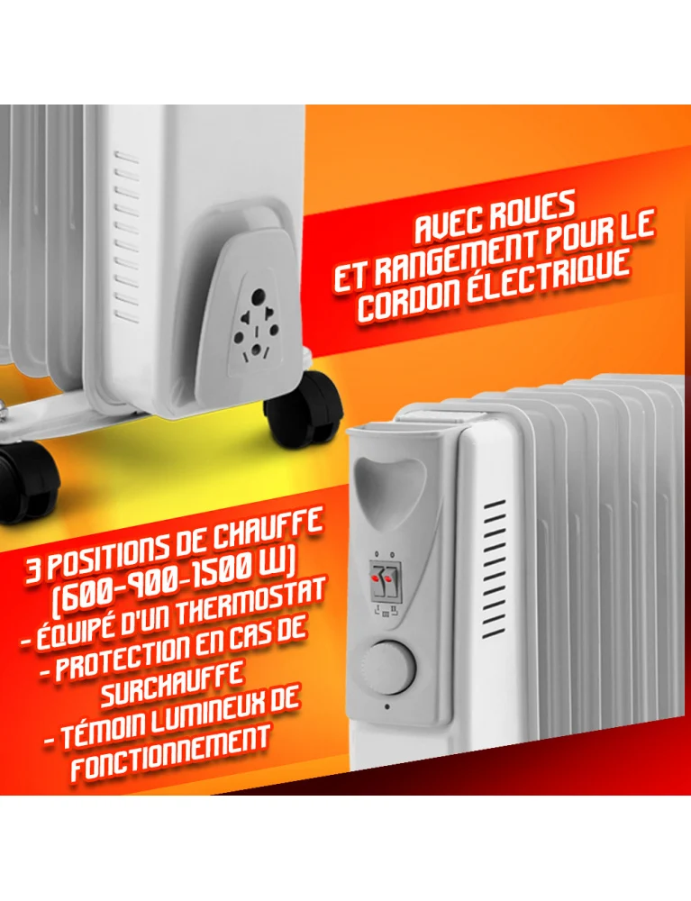 Radiateur à bain d’huile 1500W – 7 éléments, thermostat & roues