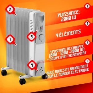 Radiateur à bain d’huile 2000W – 9 éléments, thermostat & roulettes