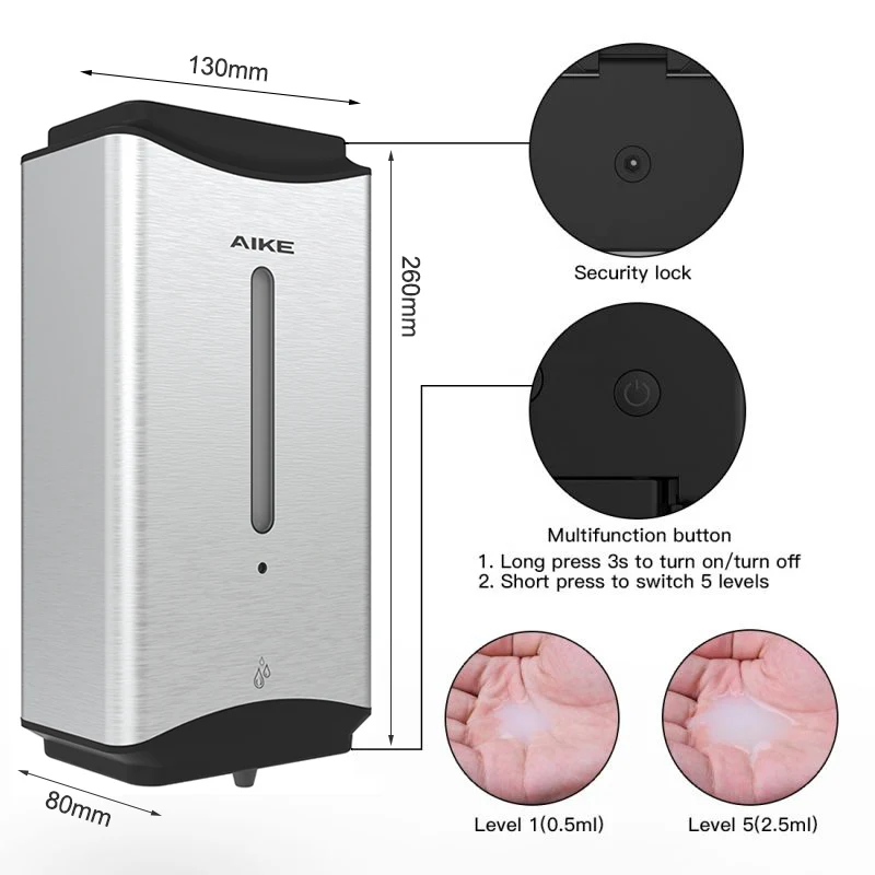 Dispensador automático de jabón AIKE de 1100 ml para baño comercial, AK1206 Cepillado