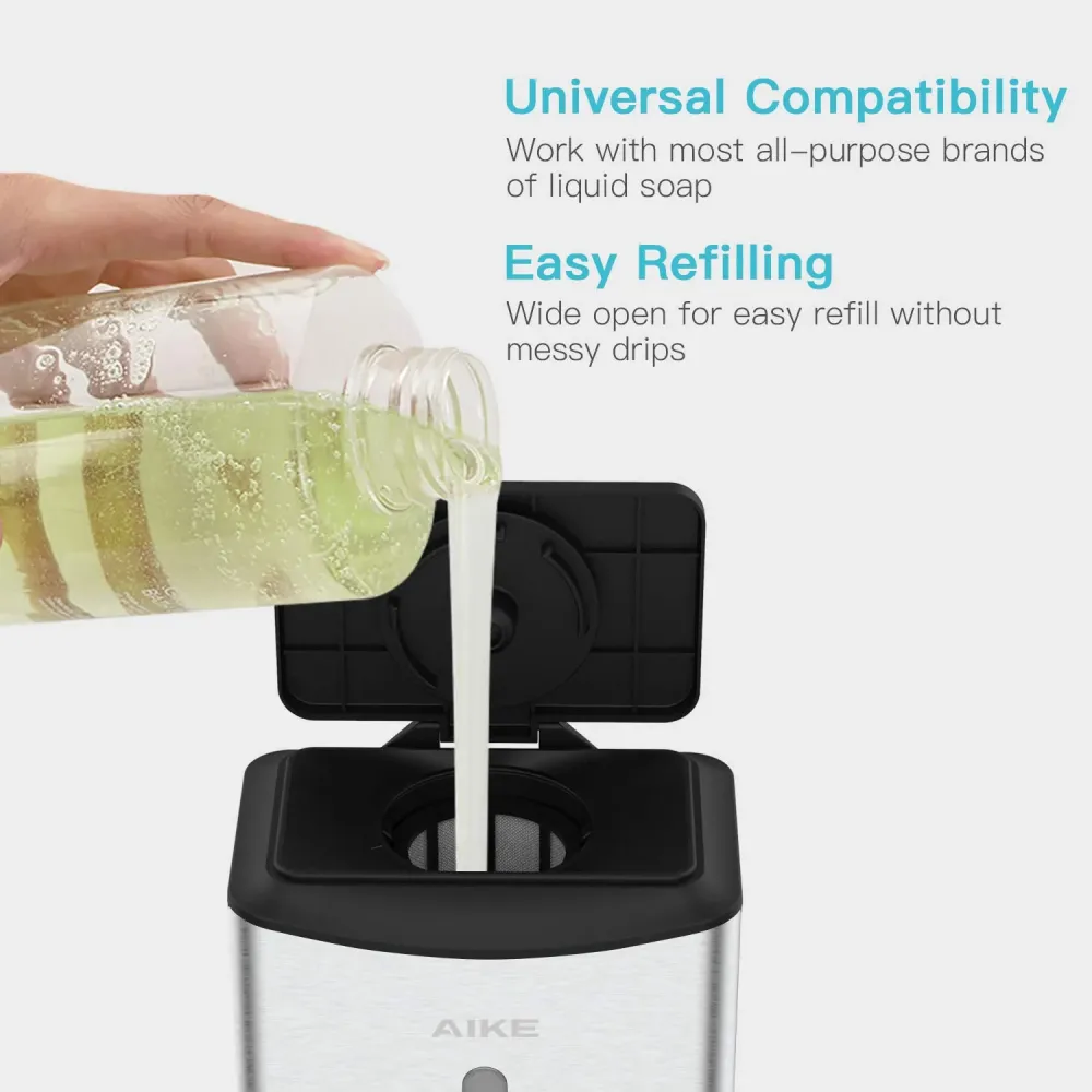 Dispensador automático de jabón AIKE de 1100 ml para baño comercial, AK1206 Cepillado
