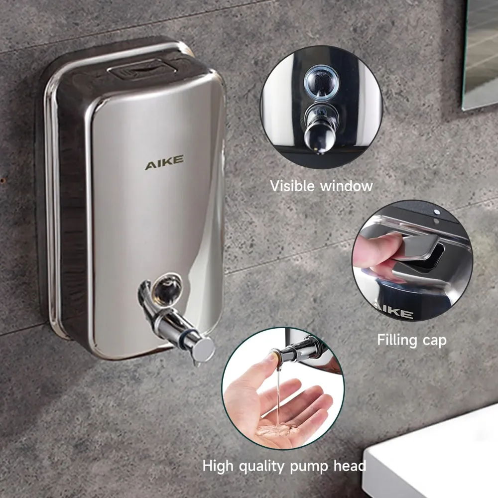 Dispensador de jabón manual con cáscara de acero inoxidable AIKE para baño, AK1001