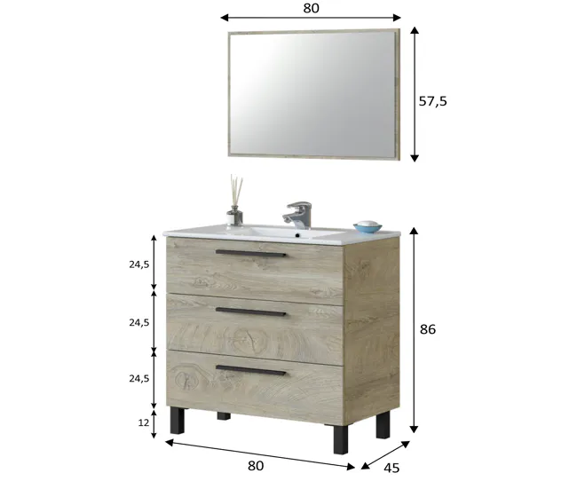 Canasta de Baño Mueble baño Alise 3 cajones espejo, sin lavabo, Alaska