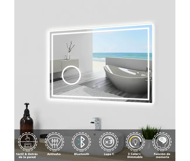 Colgador de Toallas Espejo de baño LED 80×60cm + Bluetooth + espejo de aumento + regulable