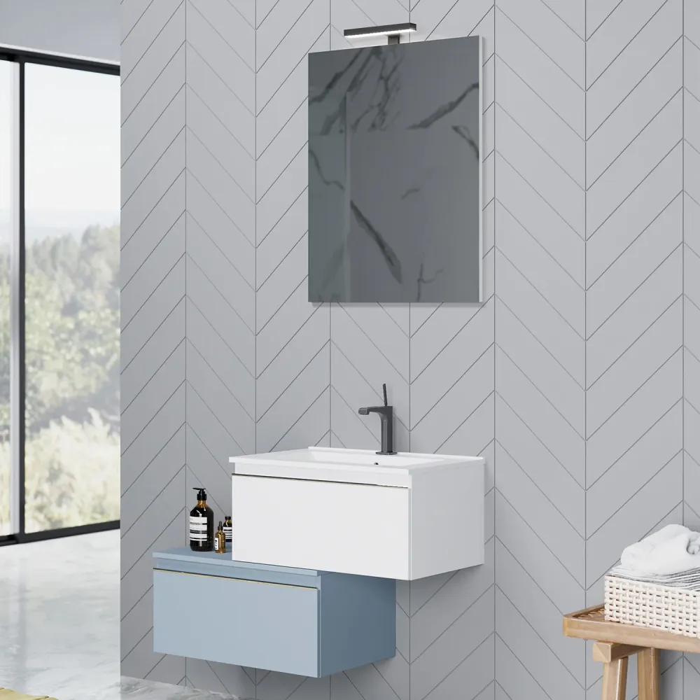 Composizione sospesa Shanti base con lavabo, specchio e led 80cm bianco lucido