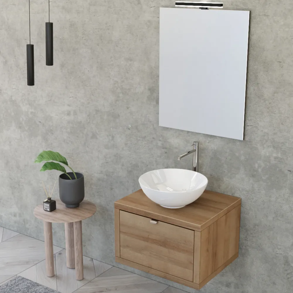 Con Certificación CE Composición de baño suspendida Nyumba con 1 cajón con lavabo, espejo con lámpara LED 60x40 cm madera...