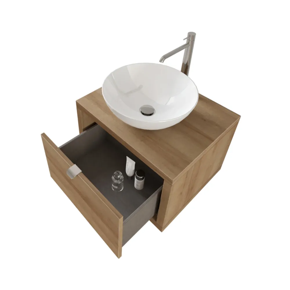 Con Certificación CE Composición de baño suspendida Nyumba con 1 cajón con lavabo, espejo con lámpara LED 60x40 cm madera...