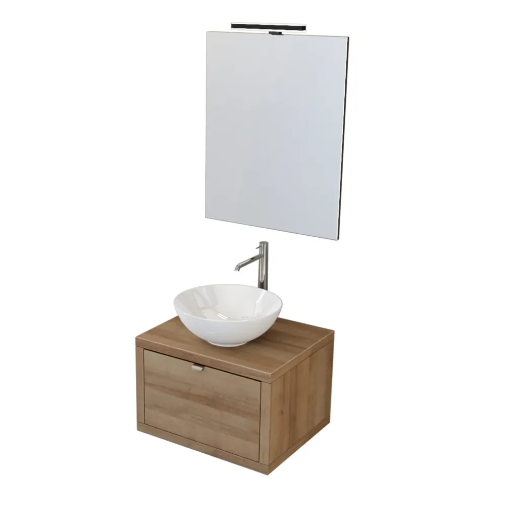 Con Certificación CE Composición de baño suspendida Nyumba con 1 cajón con lavabo, espejo con lámpara LED 60x40 cm madera...