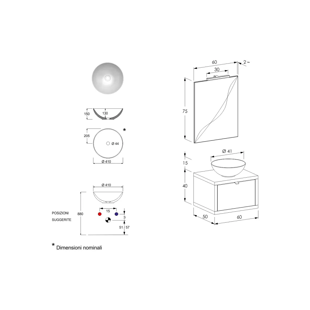 Con Certificación CE Composición de baño suspendida Nyumba con 1 cajón con lavabo, espejo con lámpara LED 60x40 cm madera...