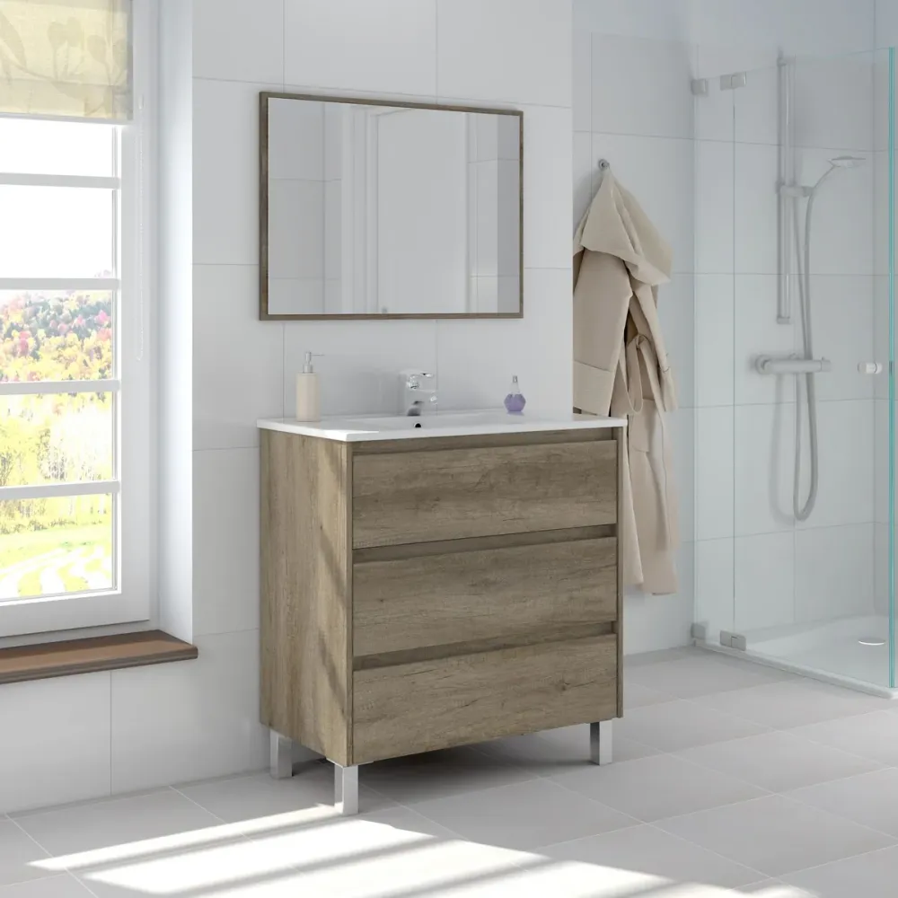 Dispensador de Jabón Mueble de baño Shibumi en melamínico 3 cajones con lavabo y espejo