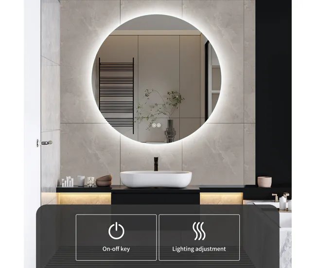 Espejo de baño iluminado, Espejo LED, Espejo redondo con 3 colores de luz, 80x80cm
