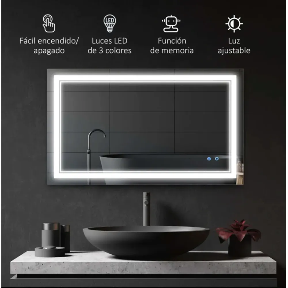 Espejo de baño Kleankin con luz LED + interruptor táctil + función memoria inox 60x100 cm