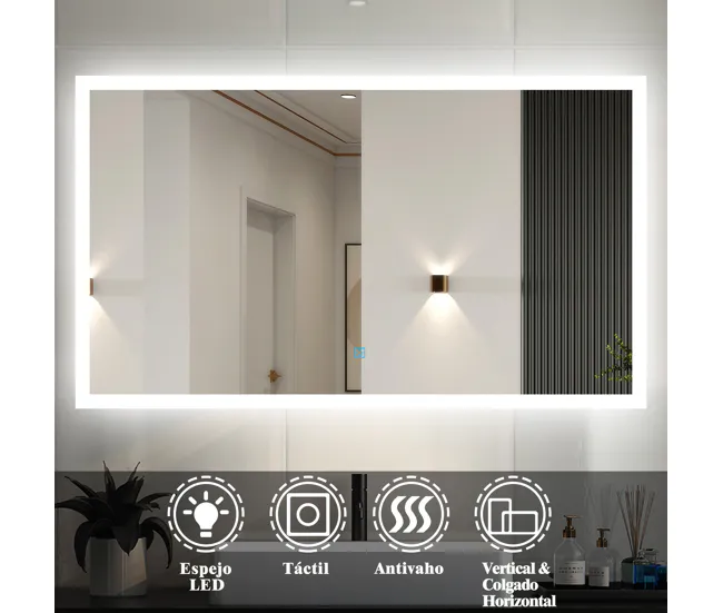 Espejo de baño LED 120×70cm + antivaho + interruptor táctil