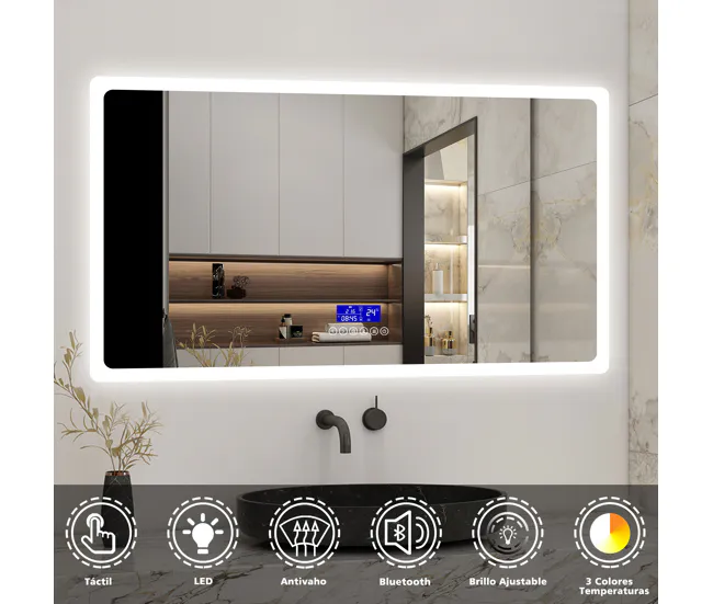 Espejo de baño LED 120×70cm + Bluetooth + Lupa Set de 4 Piezas
