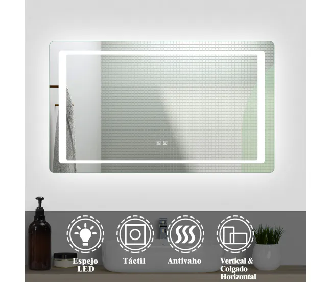 Espejo de baño LED 120×70cm+antivaho+interruptor táctil