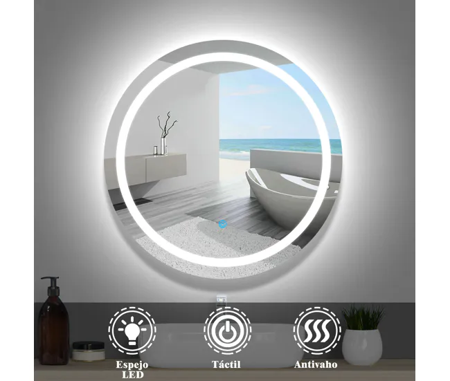 Espejo de baño LED redondo 60cm+antivaho+interruptor táctil