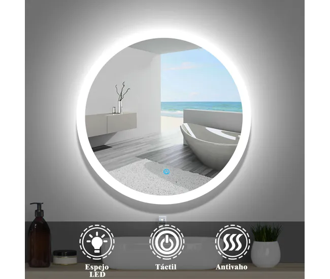 Espejo de baño LED redondo 60cm+interruptor táctil+antivaho