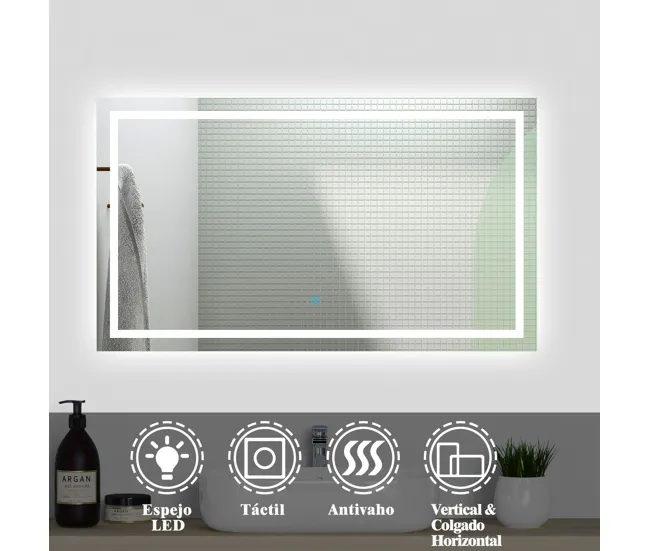 Espejo de baño LED sin cobre 100×80cm+antivaho+interruptor táctil