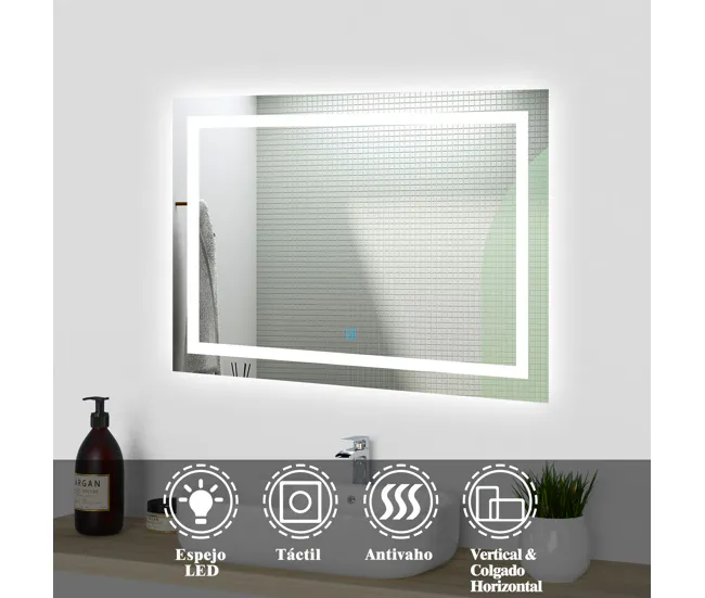 Espejo de baño LED sin cobre 80×60cm+antivaho+interruptor táctil