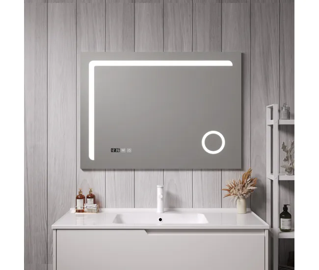 Espejo de pared con LED Chambave para baño IP65 antivaho reloj lupa 3X aluminio 70 x 100 x 3 cm - Plateado