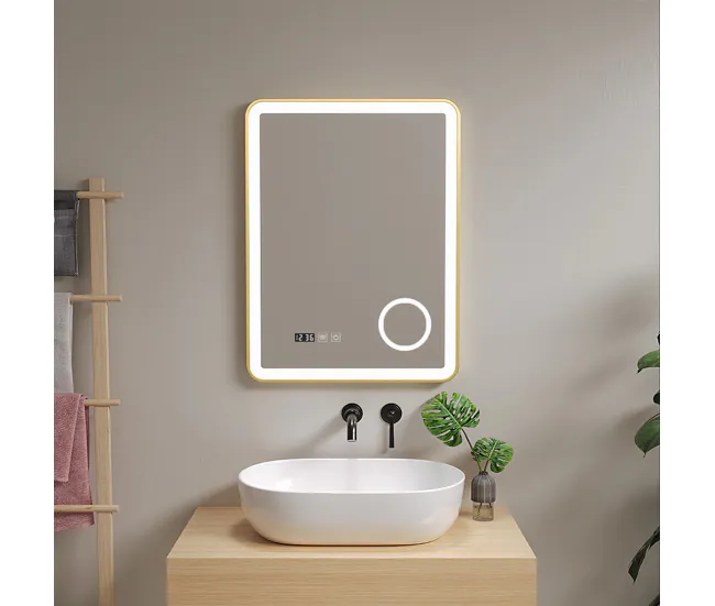 Espejo de pared con LED Pescara para baño IP65 con antivaho y lupa aluminio 80 x 60 x 4 cm - Dorado