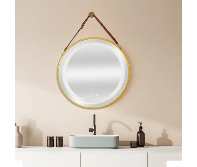 Espejo de pared con LED Picerno para baño con correa antivaho redondo aluminio + cristal 70 x 70 x 3,5 cm - Dorado