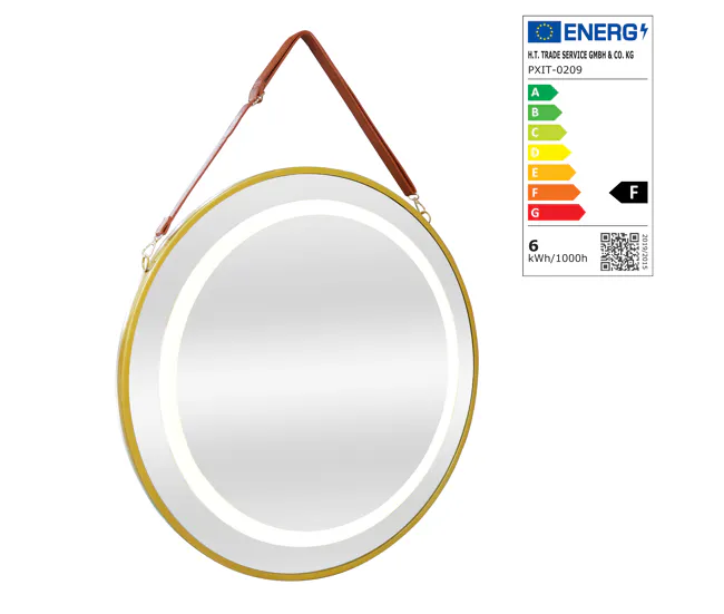 Espejo de pared con LED Picerno para baño con correa antivaho redondo aluminio + cristal 50 x 50 x 3,5 cm - Dorado