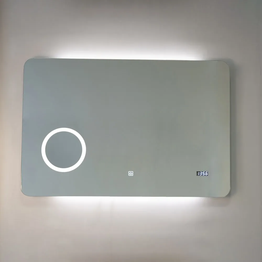 Espejo rectangular táctil con reloj, termómetro y aumento 80x60 cm