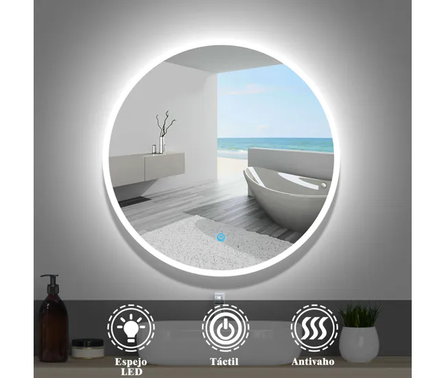 Espejo redondo de baño LED 60cm+antivaho+interruptor táctil