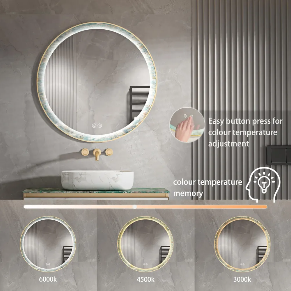 Espejo de tocador redondo para baño de 61 cm de amplio x 61 cm de alto, con marco de acero inoxidable, luz LED y tratamien...
