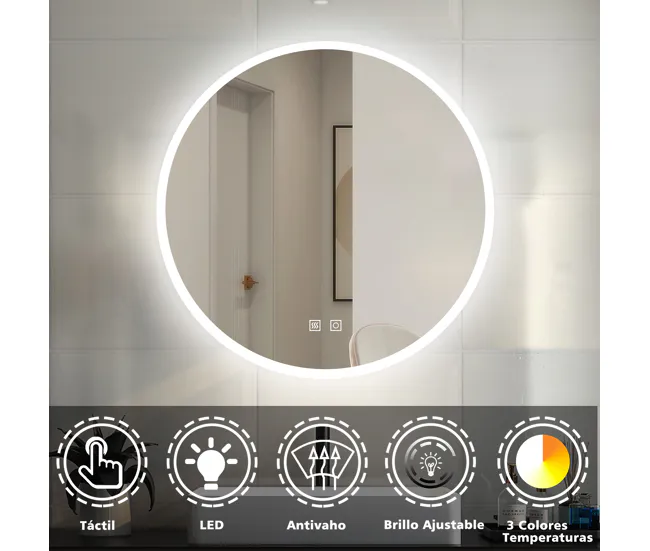 Estante de Ducha Espejo redondo de baño LED 70cm + antivaho + brillo ajustable