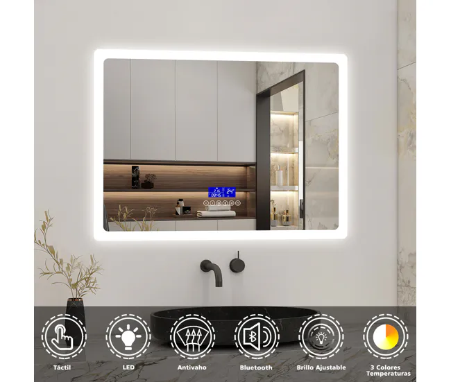 Gancho de Ducha Espejo de baño LED 80×60cm + Bluetooth + Lupa