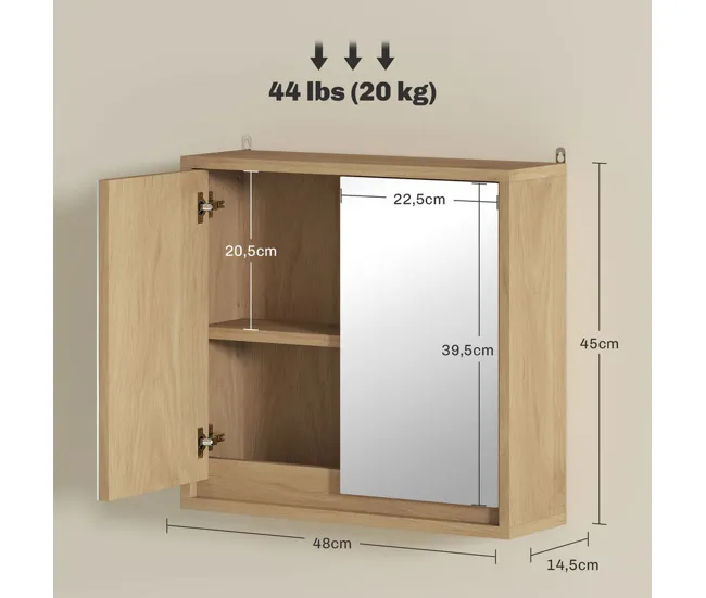 HOMCOM Armario de Baño con Espejo con 2 Puertas y Estante Ajustable Mueble Colgante de Baño para Aseo Estilo Moderno 48x14...