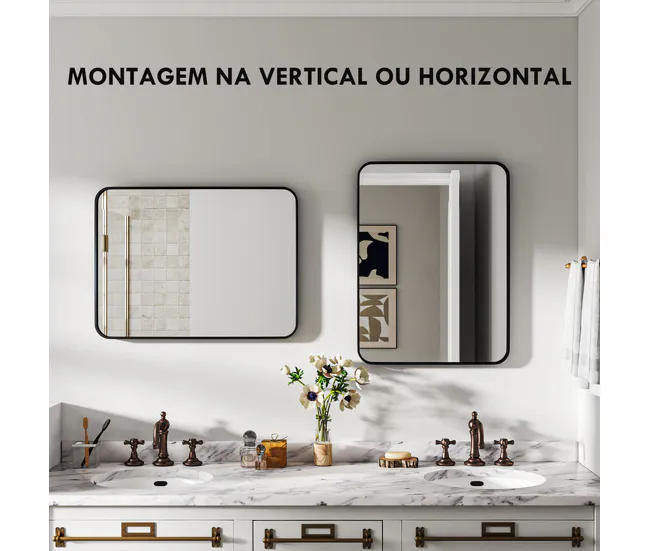 HOMCOM Espejo de Baño 60x80 cm Espejo Rectangular Espejo de Pared con Marco de Acero Vertical u Horizontal para Recibidor...