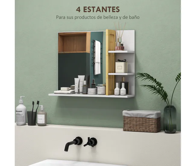 HOMCOM Espejo de Baño Contemporáneo Espejo de Pared Rectangular con 4 Estantes de Almacenamiento para Maquillaje Tocador V...