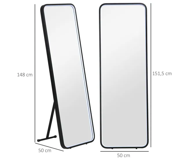 HOMCOM Espejo de Cuerpo Entero con Luces LED Espejo de Pie 151,5x50 cm Independiente o Pared con Iluminación Ajustable de...