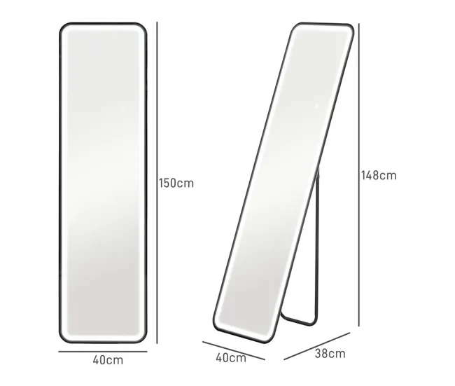 HOMCOM Espejo de Cuerpo Entero con Luz LED 150x40 cm Espejo de Pie o de Pared sin Marco con Iluminación de 3 Colores Funci...